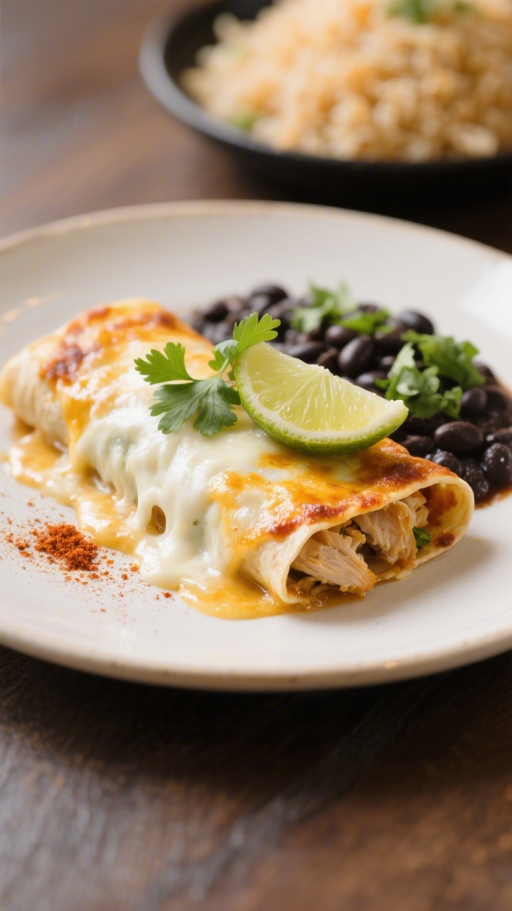 Final plated beauty: A single serving of baked sour cream chicken enchiladas on a warm white ceramic