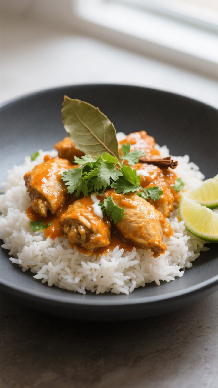 Final plated dish beauty: Elegantly plated chicken curry in a wide, matte charcoal bowl over a mound