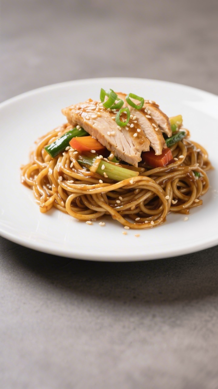 Final plated presentation: Restaurant-quality plate of Chicken Lo Mein twirled into a neat nest on a