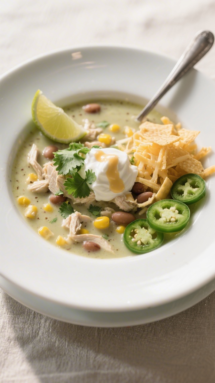 Final plated, restaurant-quality: A deep white ceramic bowl of White Chicken Chili finished and garn