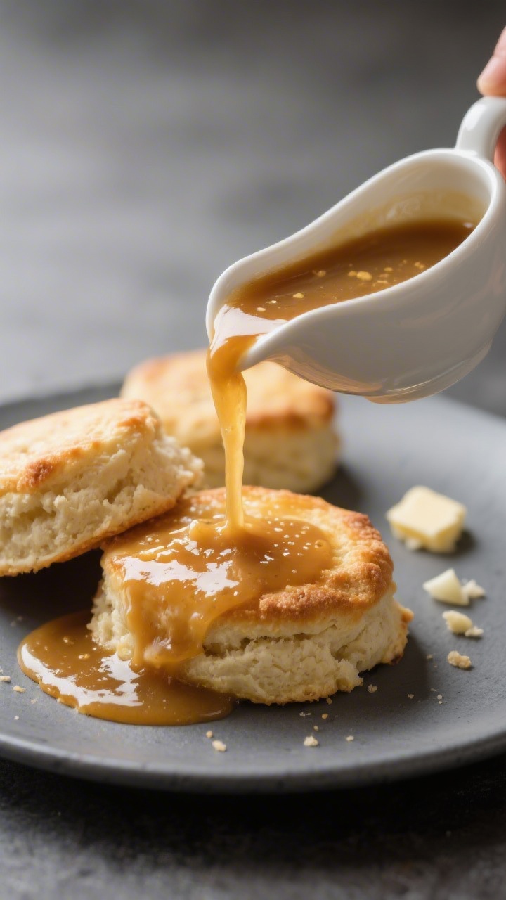 Final presentation, : Elegant gravy boat pouring a smooth, glossy chicken gravy over warm buttermilk