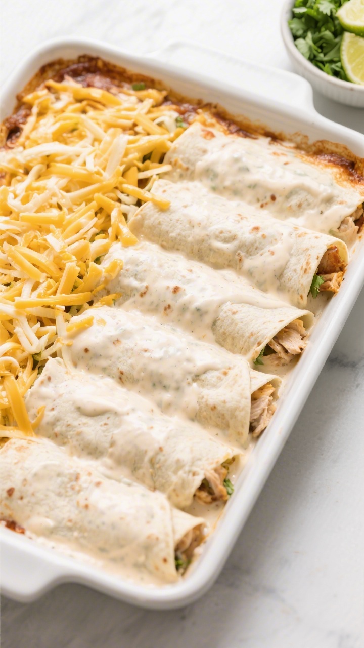 Overhead assembly shot: of a 9x13 baking dish lined with snug, seam-side-down chicken enchiladas jus
