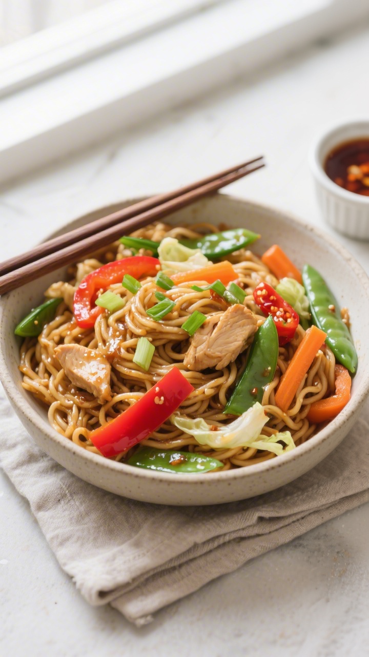 Tasty top view: Overhead shot of a generous bowl of finished Chicken Lo Mein, noodles glistening wit