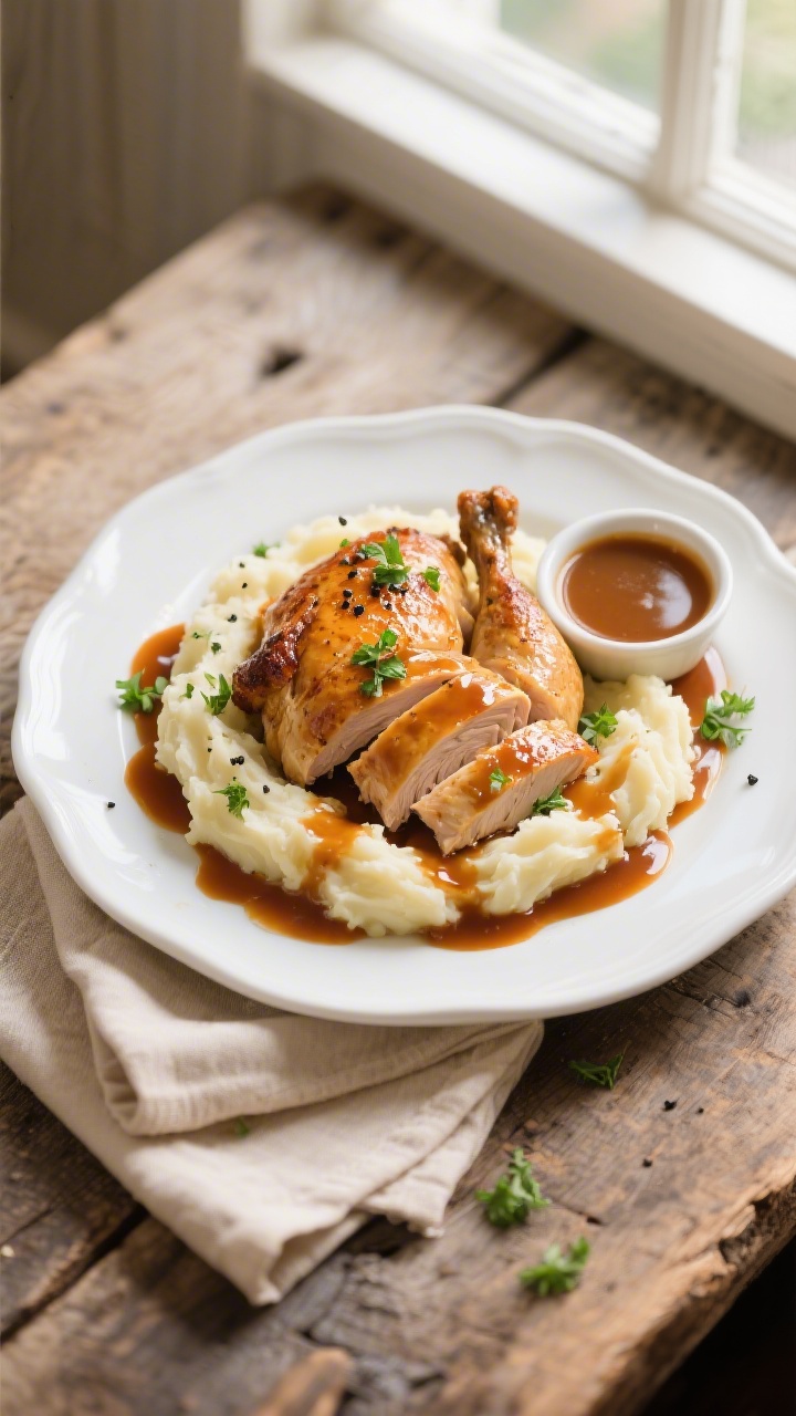 Tasty top view: Overhead shot of a Sunday-style plate—roasted chicken slices and creamy mashed pot