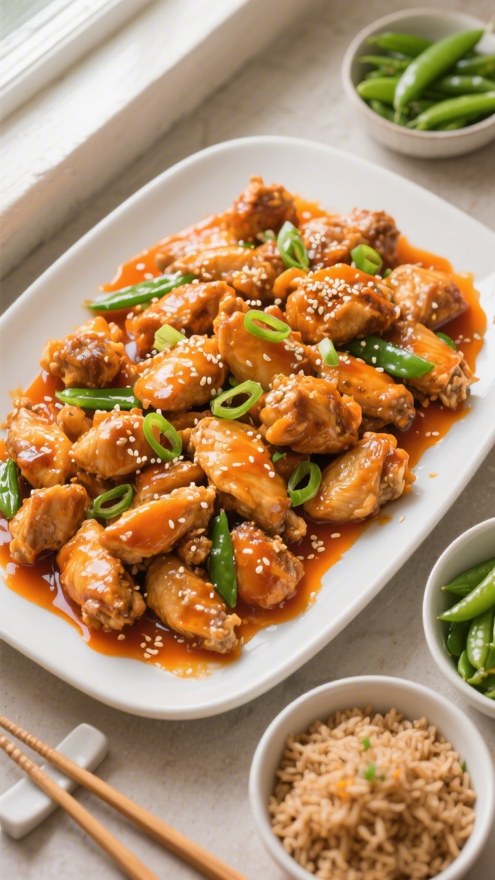 Tasty top view: Overhead shot of an abundant family-style serving platter of orange chicken, vivid o