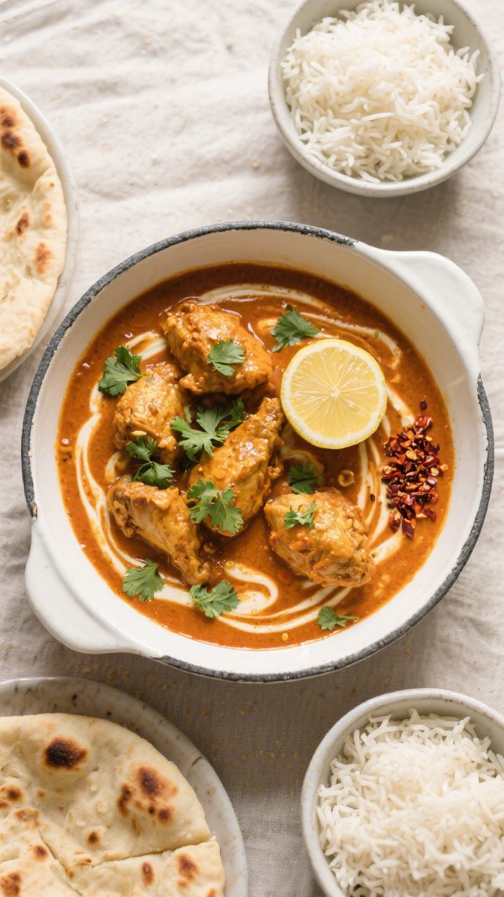 Tasty top view: Overhead shot of chicken curry served family-style in a shallow, white enamel skille