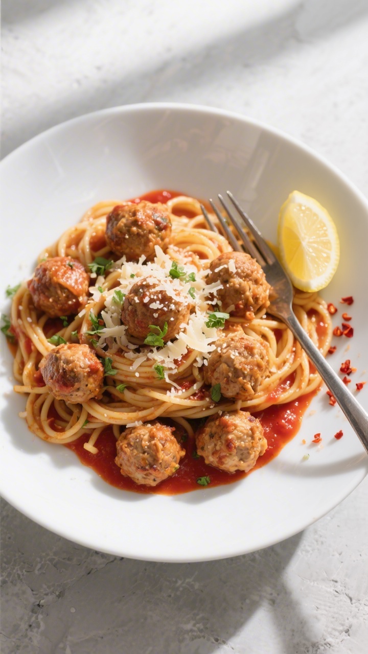 Tasty top view: Overhead shot of spaghetti tossed with warm marinara and topped with chicken meatbal