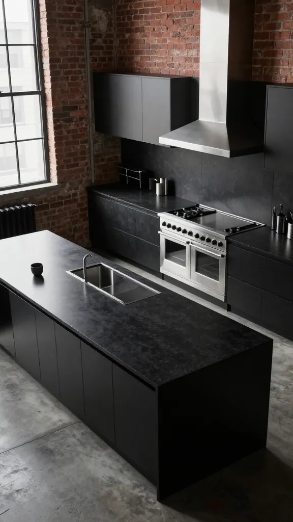 A high-angle, wide shot of a sophisticated urban industrial loft kitchen, where the dominant feature is the expansive matte black quartz countertops with a honed finish. These striking countertops stretch across a large kitchen island and extend to the perimeter cabinetry, showcasing their sleek, non-reflective surface. An authentic exposed red brick wall provides a rustic yet refined backdrop, harmonizing with the cool, polished concrete floors. High-end stainless steel appliances, including a built-in oven and a professional range hood, are seamlessly integrated into the design. Natural light streams through large, industrial-style windows, casting a bright yet moody ambiance that accentuates the raw, edgy, and effortlessly stylish aesthetic. The scene captures a tough-luxe, cool city living vibe. Hyperrealistic, professional kitchen photography, sharp focus, detailed textures, no text.