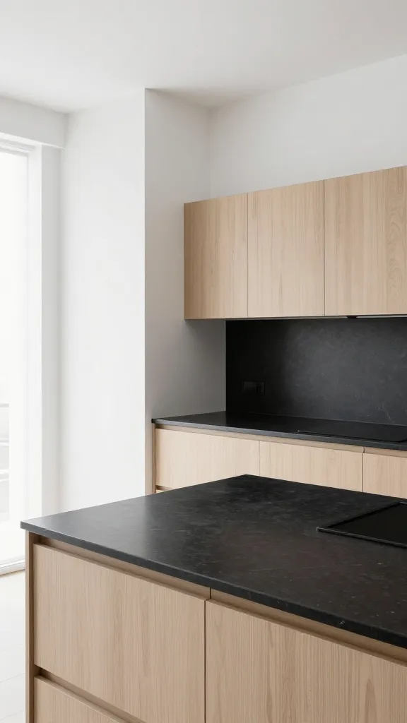 A professional, high-resolution photograph of a minimalist Scandinavian kitchen. Bright, natural light floods the serene and airy space. The kitchen features sleek, honed black granite countertops that provide a striking, grounding contrast to the light birch wood flat-panel cabinetry and crisp white walls. The design emphasizes clean lines, with the deep charcoal black of the counters adding a sophisticated edge and preventing any sterility. The overall aesthetic is peaceful and utterly serene. No text on image.