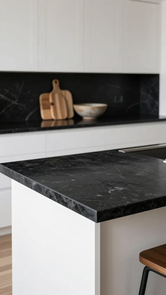 A high-quality, realistic photo of a sophisticated modern farmhouse kitchen. Luxurious leathered black granite countertops are prominently featured, showcasing their unique organic, tactile texture across all surfaces, providing a sleek modern anchor. These deep black countertops beautifully contrast with classic, crisp white shaker-style cabinets. The kitchen is bathed in soft, inviting natural light, highlighting the refined textures and clean lines. Subtle warm wood accents, like a simple wooden cutting board or a rustic ceramic bowl, are tastefully arranged on the counter, enhancing the cozy yet chic retreat aesthetic. The overall scene captures a perfect balance of beloved rustic charm with a contemporary twist. No text.