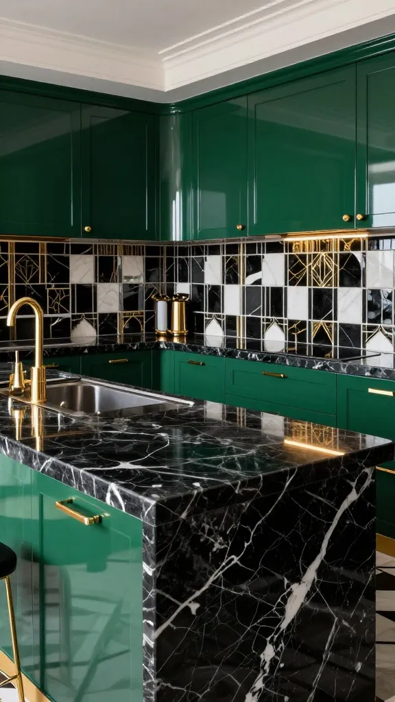 A high-quality, realistic photograph capturing the opulent interior of an Art Deco kitchen. Expansive, highly polished Nero Marquina marble countertops, striking in their deep black with elegant white veining, are the central feature, gleaming and reflecting light to create an inherent sparkle. These luxurious surfaces are beautifully complemented by sleek, deep emerald green lacquered cabinets adorned with gleaming gold hardware. A sophisticated geometric tile backsplash, incorporating black, white, and subtle gold patterns, adds to the era's dramatic flair. The room is bathed in soft, luxurious lighting, emphasizing the rich textures and precise, glamorous design.