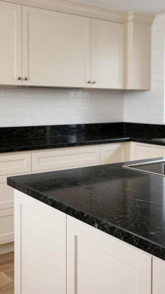 A high-quality, realistic photograph of a luxurious kitchen embodying classic elegance with a contemporary twist. The focal point is an expansive stretch of absolute black granite countertops, boasting a highly polished finish that subtly reflects light. These sleek black surfaces provide a crisp, clean contrast to the beautiful cream-colored inset cabinetry that frames the lower half of the kitchen. Above the countertops, a grand white subway tile backsplash extends upwards, adding texture and brightness. The lighting is soft yet bright, highlighting the refined details and the depth added by the black countertops without being overly dramatic. The composition is clean, showcasing the sophisticated interplay of black, cream, and white, with a focus on enduring style and understated luxury.