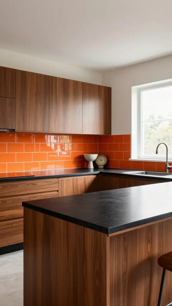 A high-resolution, professional interior photograph, wide-angle shot, of a mid-century modern revival kitchen. The focal point is the sleek black laminate countertops with a subtle matte finish, prominently extending across the space. These are perfectly paired with rich walnut veneer flat-panel cabinets. A vibrant orange tile backsplash runs along the wall, adding a striking pop of 1960s retro color and capturing an iconic mid-century vibe. The kitchen design showcases clean lines and subtle organic shapes. Bright natural daylight streams in from a large window, illuminating the textures and colors of the space. Subtle mid-century modern decor elements, such as a minimalist ceramic fruit bowl or a vintage-style clock, are artfully placed to enhance the authentic feel. The overall image is realistic, high-quality, and has no text.