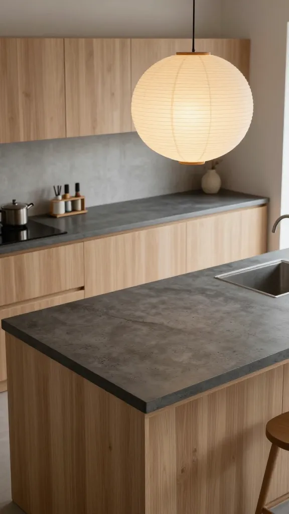 A high-angle, realistic, professional photograph of a serene Japandi fusion kitchen. The focal point is the dark grey concrete kitchen countertop, which has a very subtle black undertone and an earthy, textured surface. This countertop is perfectly complemented by minimalist light ash wood cabinetry with clean lines. A delicate, warm-toned washi paper pendant light hangs gracefully above, casting a soft, inviting glow. The space embodies serene simplicity, natural materials, and impeccable craftsmanship, featuring only essential, high-quality decor. The overall atmosphere is calm, tranquil, and harmonious, with warm natural light filtering in. No text on image.