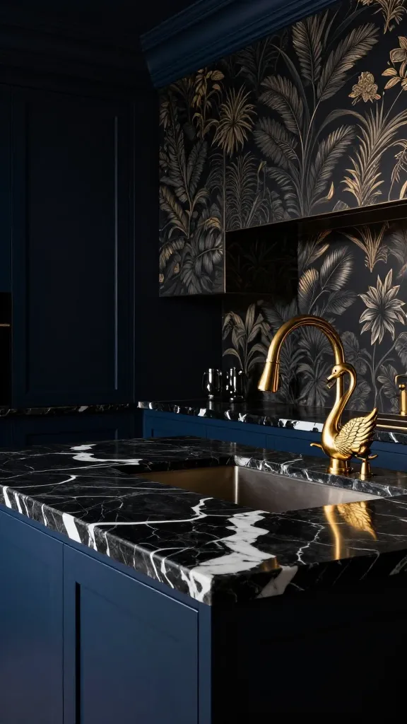A professional, high-resolution interior photograph of a luxurious and moody maximalist kitchen. The prominent feature is a continuous stretch of polished black marble countertops, showcasing dramatic, bold white veining that creates a striking visual impact. These opulent countertops are installed above deep navy blue shaker-style cabinetry. An intricately patterned wallpaper serves as the backsplash, featuring a rich, dark botanical design with subtle metallic gold accents. A grand, ornate gold swan-neck faucet shines brightly, reflecting the soft, dramatic lighting that bathes the scene. Every surface exudes richness and visual interest, contributing to an atmosphere of unapologetic extravagance and sophisticated drama. Realistic, high-quality photography, no text.