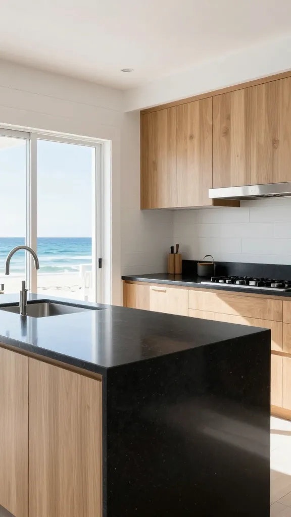 A high-quality, realistic photograph of a sophisticated Coastal Modern kitchen. The prominent feature is the sleek, polished black quartz kitchen countertops, which provide a sharp, elegant contrast to the bright white shiplap walls and natural light oak cabinetry. Abundant natural light floods the space, creating a light, breezy, and utterly refreshing atmosphere. The dark countertops ground the design, subtly evoking the deep sea within the otherwise airy environment. The overall aesthetic is a contemporary, sophisticated beach house feel, free from any kitsch. Shot from an inviting eye-level perspective, with soft, natural light enhanced by subtle interior lighting, hyper-realistic, sharp focus, 8k, no text.