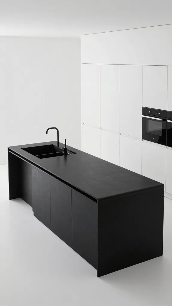 A high-resolution, realistic photograph of an ultra-modern, futuristic kitchen. The focal point is a seamless, monolithic black countertop made from pure, unblemished ultra-compact sintered stone. This sculptural surface flows continuously into integrated sinks and a dramatic waterfall island. The sleek black countertops are complemented by handleless, high-gloss white cabinets that blend seamlessly into the walls, concealing all appliances. The design emphasizes streamlined efficiency, minimalist aesthetics, and cutting-edge technology, with subtle, integrated lighting accentuating the clean lines. Bright, even studio lighting.