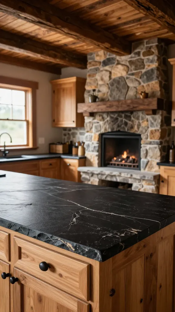 A wide, eye-level shot of a rustic cabin kitchen, exuding warmth and natural charm. The focal point is the expansive distressed black slate countertops, showcasing their authentic natural cleft surface and varied, rugged texture under soft, inviting light. Knotty pine cabinetry with simple, dark hardware complements the countertops, while rough-hewn dark wood beams stretch across the ceiling. In the open-concept background, a grand, floor-to-ceiling stone fireplace adds to the comforting retreat vibe. Natural light streams in from a large window, hinting at an outdoor connection, illuminating the raw materials. The scene is meticulously styled to feel cozy and inviting, with a high-quality, realistic photographic finish. No text.