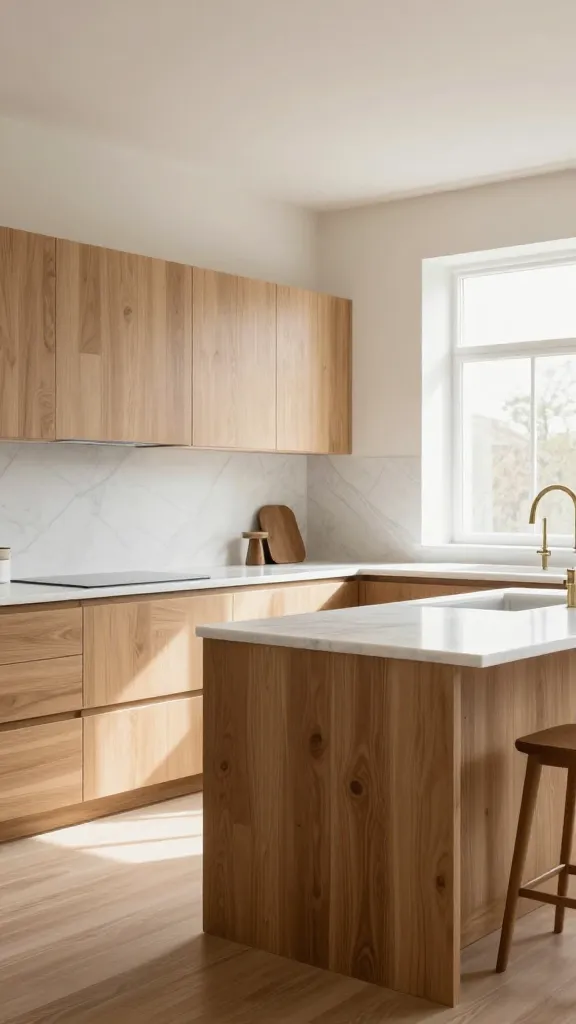 A bright, airy, and inviting Scandinavian-inspired kitchen. The walls are painted in a creamy, slightly off-white hue, creating an expansive backdrop. Light oak cabinetry lines the perimeter, beautifully contrasted by a stunning walnut island at the center. Honed white marble countertops adorn both the perimeter cabinets and the island, reflecting natural light that streams in through a large window. The space feels warm and minimalist, with subtle natural textures. High-resolution, realistic interior design photograph, taken with soft, diffused natural light, no text.