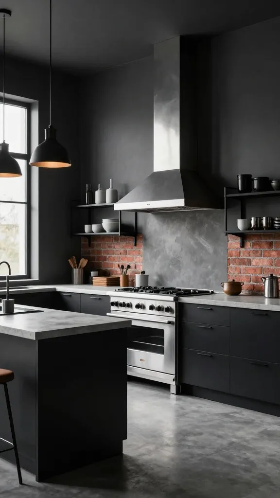 A high-quality, realistic photograph of an industrial chic kitchen, captured in a wide shot showcasing the main cooking and preparation area. Deep, matte charcoal grey walls create a dramatic and sophisticated backdrop. The kitchen features sleek, black flat-panel cabinets paired with robust, light grey concrete countertops. A prominent stainless steel range with a matching professional-grade hood is centrally located. Above the countertops, open black metal shelving displays minimalist kitchenware. A section of exposed red brick wall adds a raw, urban texture. Natural light streams in from a large window, complemented by subtle, black industrial pendant lights hanging over the counter. The overall atmosphere is incredibly cool, functional, and refined, emphasizing raw textures, clean lines, and a dramatic, elegant edge.