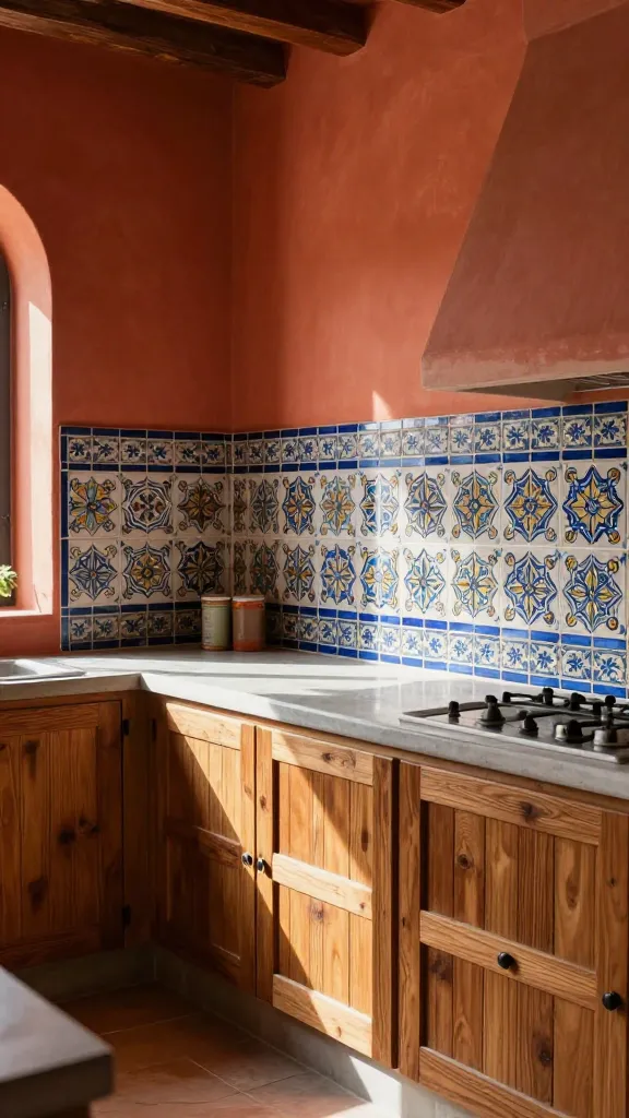 A high-quality, realistic photo of a sun-drenched Mediterranean kitchen. The prominent walls are painted in a warm, earthy terracotta hue, evoking a vibrant villa atmosphere. Rustic oak wood cabinets are installed below smooth, polished concrete countertops. An intricate backsplash features beautiful hand-painted Moroccan tiles. Bright natural sunlight streams into the room, casting warm glows and highlighting the rich textures and colors. The scene is inviting and feels like a holiday escape. No text.