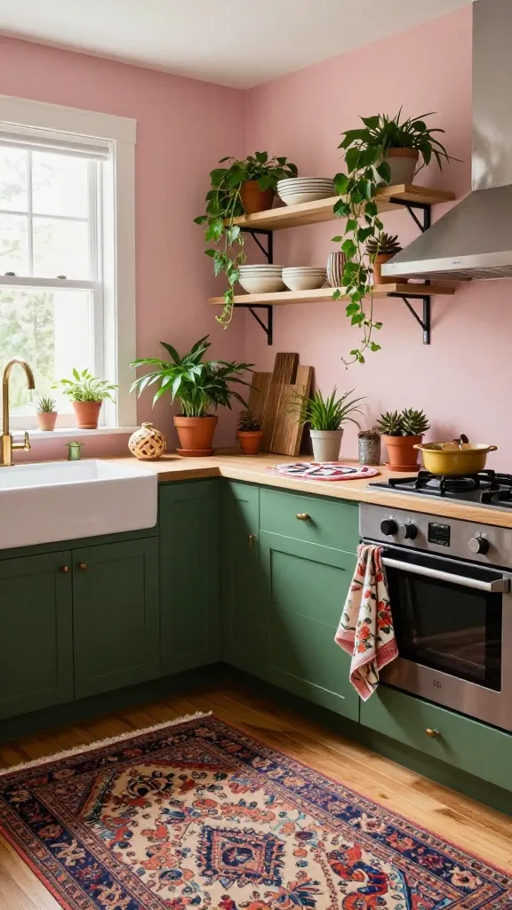 A high-quality, realistic photo capturing a whimsical and inviting eclectic bohemian kitchen. The walls are painted a muted, dusty blush pink, providing a soft and pretty foundation. Sophisticated dark green base cabinets are complemented by open shelving displaying ceramic dishes and various lush potted plants, including trailing ivy and succulents. A vibrant, well-worn vintage Persian rug with intricate, faded patterns adds warmth and texture to the hardwood floor. Natural light streams in through a large window, highlighting the textural details of mixed pattern textiles, such as a floral tea towel draped over a cabinet handle and a geometric patterned placemat on a wooden countertop. Numerous potted plants are strategically placed throughout the space, creating a lively, bohemian atmosphere. The overall scene is playful, unique, and full of character. No text.