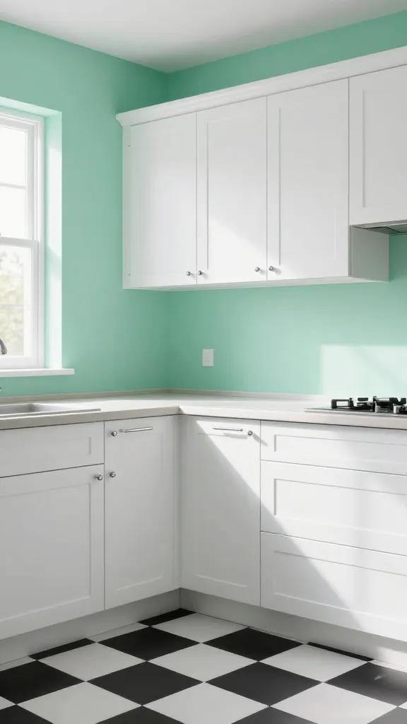A bright and airy kitchen, bathed in abundant natural light, showcasing refreshing mint green walls. Crisp white shaker-style cabinets with sleek chrome hardware are neatly arranged, complemented by a light-colored countertop. The floor features a playful black and white checkerboard pattern, adding a touch of vintage-inspired charm. The overall atmosphere is cheerful, clean, and modern yet nostalgic. Professional interior photography, high-resolution, realistic, no text.