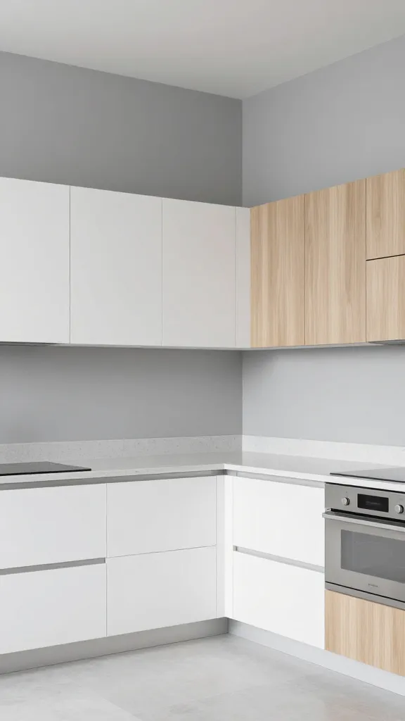 A high-quality, realistic photograph of a modern minimalist kitchen. The walls are painted a serene, pale cool grey, providing a calm and uncluttered backdrop. The kitchen features sleek, flat-panel cabinetry in a mix of crisp white and light natural wood, arranged with clean lines. Integrated stainless steel appliances are subtly incorporated. Light quartz countertops reinforce the minimalist aesthetic, complementing the pale grey walls. The space is bathed in soft natural light, highlighting the refined, functional design and sophisticated simplicity. No text.