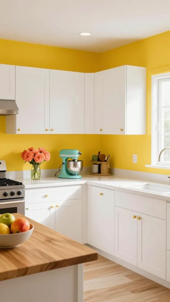 A high-quality, realistic photograph of a modern kitchen, bathed in bright natural light. The kitchen walls are painted a vibrant, cheerful sunny yellow, radiating energy and happiness. Crisp white shaker-style cabinets line the walls, creating a fresh contrast. Gleaming white quartz countertops extend along the perimeter. On the counter, a turquoise stand mixer and a clear vase holding coral-colored flowers add pops of accent color. A light butcher block island with a bowl of fresh, colorful fruit is visible in the foreground. Light wood flooring complements the bright palette. The scene is clean, inviting, and full of life, captured with a wide-angle lens and sharp focus. No text.