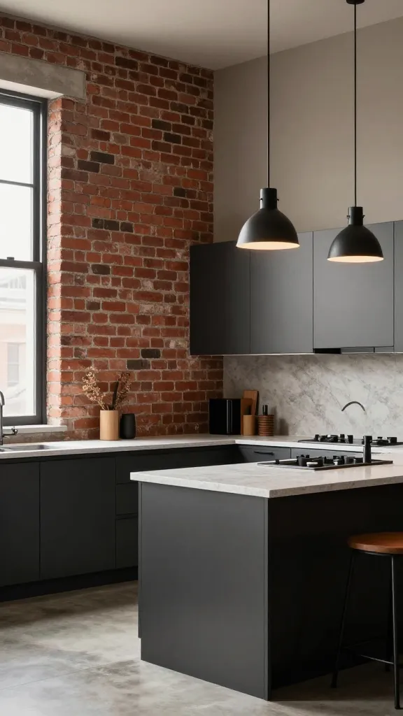 A high-quality, realistic photo of a modern urban loft kitchen. One prominent wall features authentic exposed red brick, rich in texture and character. Adjacent walls are painted in a warm, sophisticated greige. Sleek, dark charcoal flat-panel cabinets line the kitchen, fitted with matte black hardware. Light grey quartz countertops complement the dark cabinetry. Above a central kitchen island, two matte black industrial-style pendant lights hang, casting a warm, inviting glow. The flooring is polished concrete. Natural light streams in from a large window, highlighting the textures of the brick and greige walls. The overall aesthetic is effortlessly cool and industrial-chic, with a softened, inviting atmosphere. No text.