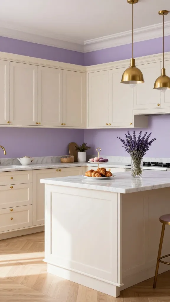 A realistic, high-quality photo of an elegant European kitchen, bathed in soft natural light. The walls are painted a sophisticated dusty lavender, creating a calming, Parisian patisserie atmosphere. Cream-colored, classic shaker-style cabinets are topped with luxurious white marble countertops, featuring subtle grey veining. All cabinet and drawer hardware is polished gold. A large central kitchen island with a matching marble top is adorned with a delicate tiered stand holding a few artisanal croissants and macarons, alongside a small crystal vase with fresh lavender sprigs. Elegant brass pendant lights hang gracefully above the island. The flooring is light oak hardwood. The scene is meticulously styled to convey refined European elegance. No text.