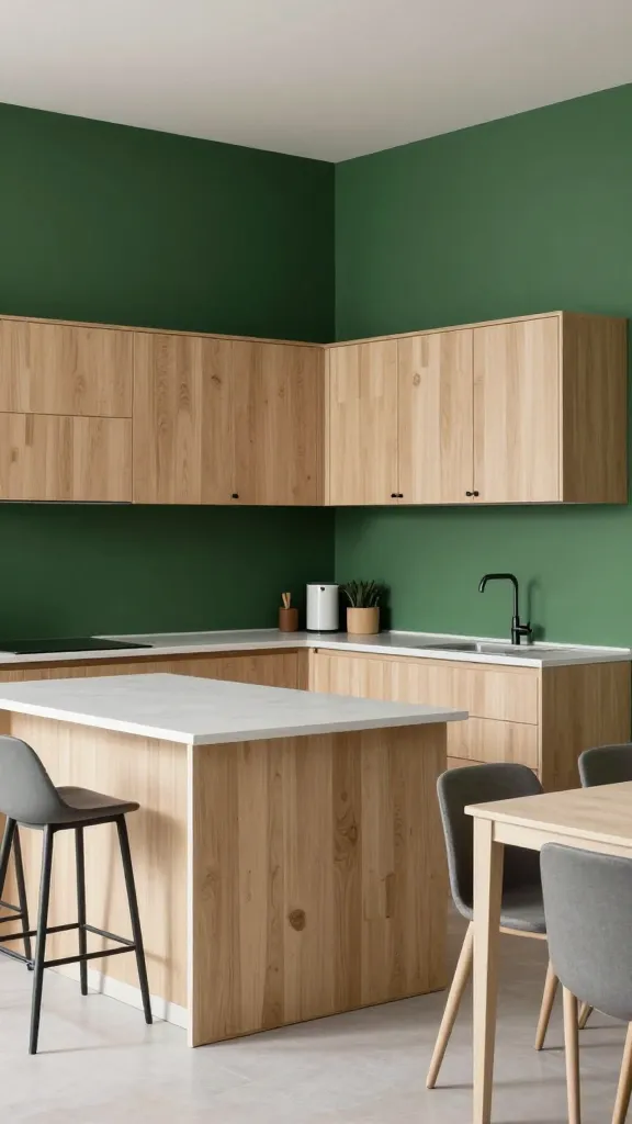 A high-quality, realistic interior photograph of a sophisticated Scandinavian kitchen. The walls are painted a deep, lush forest green, creating a dramatic, elegant, and calming backdrop. Light wood cabinets, specifically birch or light oak, are perfectly paired with pristine white or light grey quartz countertops. Minimalist black hardware adorns all cabinetry. Simple, clean-lined furniture, such as sleek bar stools at a central kitchen island or a small, minimalist dining table with chairs, completes the modern Scandi aesthetic. The space is bathed in ample natural light, highlighting a fresh, grounded, and cozy atmosphere. No text on image.