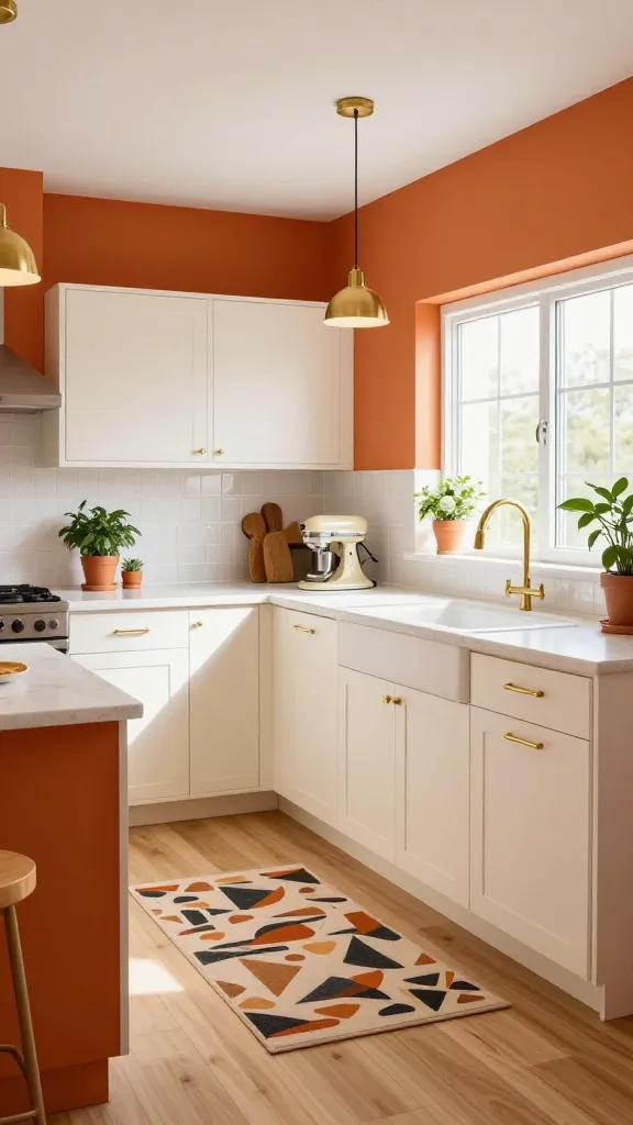 A high-quality, realistic wide-angle photograph of a vibrant, playful retro kitchen with a modern twist. The walls are painted a rich, earthy burnt orange, creating a bold and unexpected backdrop. Sleek, off-white flat-panel cabinets are installed along the main wall, featuring elegant brass bar pull handles. A pristine white quartz countertop spans the length of the cabinets, complemented by a subtle geometric pattern in white tile for the backsplash. The floor is light, natural wood. Above a central kitchen island, two mid-century modern brass pendant lights cast a warm glow. A small, abstract geometric patterned runner rug lies on the floor, adding a pop of texture. Natural light streams in from a large window, illuminating a few potted green plants and a retro-inspired cream stand mixer on the counter. The scene is bright, inviting, and impeccably styled. No text.