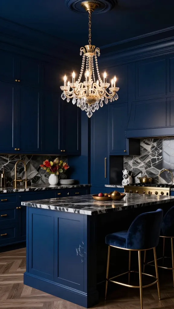 A high-quality, realistic photograph of a luxurious, moody maximalist kitchen. Deep, opulent midnight blue kitchen cabinets are the focal point, creating a jewel-box effect and covering the majority of the wall space. They are accented with gleaming brass hardware. A dramatic marble countertop with heavy, dark veining covers the surfaces and a central island. A few elegant velvet bar stools are positioned at the kitchen island. A large, statement chandelier hangs centrally, illuminating the sophisticated and unapologetically glamorous space with dramatic, inviting lighting.