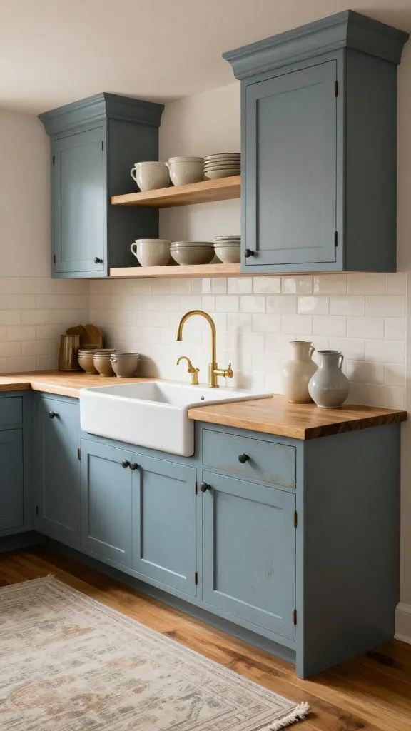 A cozy and inviting rustic farmhouse kitchen featuring distressed dusty blue base and upper cabinets with a subtle chippy paint texture. Thick, warm butcher block countertops are installed along the main wall, complemented by a creamy off-white subway tile backsplash. Above the sink area, light wood open shelving displays a curated collection of vintage ceramic dishware in soft, muted tones. On the polished wooden floor, a large, plush, neutral-colored area rug adds comfort and warmth. Soft, natural light streams into the space, highlighting the textures and creating a lived-in, welcoming atmosphere. High-resolution, professional photograph, realistic detail, no text.