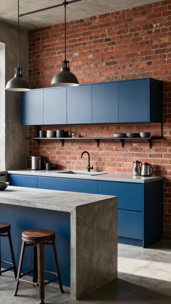 A high-resolution, realistic photograph of a sophisticated industrial-style urban loft kitchen. The central feature is a run of matte steel blue kitchen cabinets, set against a prominent exposed red brick wall. A thick, seamless concrete countertop extends across the cabinets, featuring an integrated sink. Above the counter, sleek black metal shelving is mounted, displaying a few minimalist kitchen essentials. Suspended from the ceiling are two distinct industrial pendant lights, casting focused illumination. In the foreground, two vintage factory stools are positioned at the concrete counter. The image beautifully contrasts the raw textures of the brick and concrete with the refined finish of the steel blue cabinetry and black metal accents, creating an aesthetically pleasing, functional space. Natural light streams in, enhancing the depth and texture. No text.