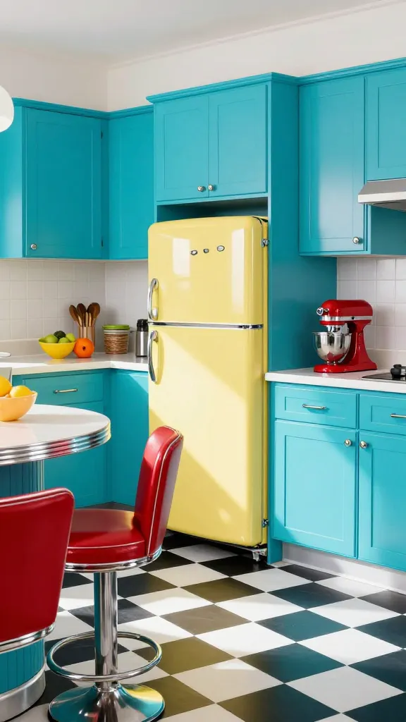 A high-quality, realistic photo of a vibrant and energetic retro diner-style kitchen. The room is dominated by cheerful aqua blue shaker-style kitchen cabinets, both upper and lower, featuring sleek chrome bar pull hardware. The floor features a classic black and white checkered pattern. A prominent pastel yellow vintage-inspired refrigerator stands against one wall, adding to the nostalgic charm. Chrome accents are visible on countertop edges and the legs of red vinyl bar stools pulled up to a breakfast counter. A bright red stand mixer and a yellow fruit bowl on the counter provide additional playful pops of color. Sunlight streams in, highlighting the glossy surfaces and creating a joyful, inviting atmosphere.