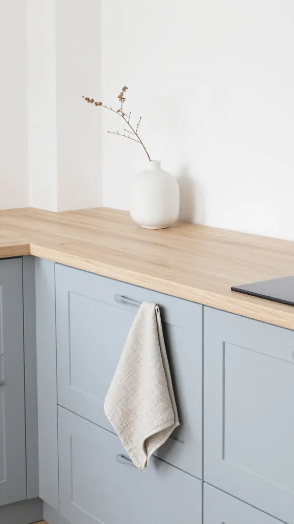 A bright, high-angle medium shot of a minimalist Scandinavian kitchen. The focal point is a run of sleek, handleless pale blue-gray kitchen cabinets, topped with light birch wood countertops. Crisp white walls reflect abundant natural light, enhancing the clean and serene atmosphere. Subtle styling includes a simple, matte white ceramic vase with a single dried branch and a folded natural linen tea towel draped over a cabinet handle, embodying a cozy hygge aesthetic. The overall scene is functional, elegant, and uncluttered, captured with realistic detail and soft, even lighting.