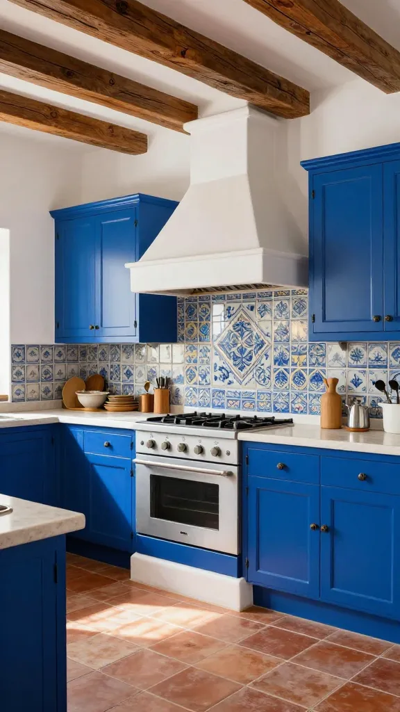 A vibrant, sun-drenched Mediterranean kitchen featuring prominent cerulean blue kitchen cabinets. The floor is laid with warm terra cotta tiles, and rustic wooden beams span the ceiling. A striking white stucco range hood is centered above a stovetop, complemented by a backsplash of intricately hand-painted ceramic tiles. The space feels warm, inviting, and full of character, bathed in natural light, ready for lively gatherings. Realistic, high-quality interior photography, no text.