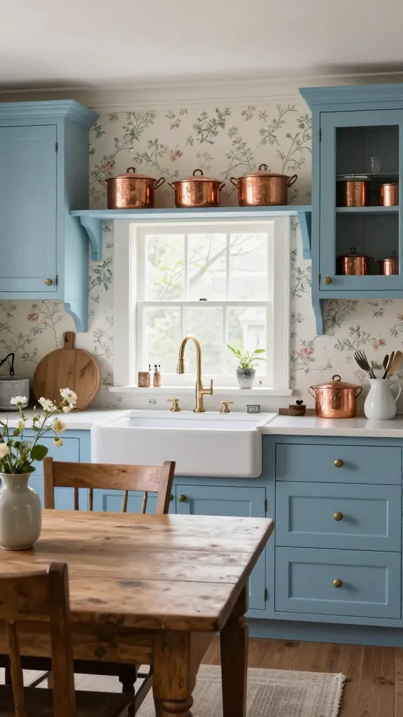 A charming and whimsical French Country kitchen, bathed in soft, natural light, showcasing prominent periwinkle blue kitchen cabinets. The walls are adorned with a delicate floral wallpaper, enhancing the romantic atmosphere. A large, classic farmhouse sink is centered beneath a window, and above the counter, open shelving displays a collection of gleaming antique copper pots. In the foreground, a distressed wood dining table is paired with matching chairs, completing the vintage enchantment of the space. This is a high-quality, realistic photograph with intricate details.