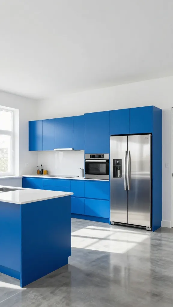 A high-resolution, professional wide-angle photograph of a bold contemporary kitchen. Dominating the scene are sleek, handleless electric blue kitchen cabinets, spanning the main wall with minimalist precision. Crisp white walls provide a clean backdrop, contrasting with the vibrant blue. The floor is polished gray concrete, reflecting the abundant natural light streaming in from large windows, which also enhances the electric blue's vibrancy. Seamlessly integrated stainless steel appliances, including a refrigerator and oven, are flush with the cabinetry, adding reflective surfaces. A minimalist island with a white quartz countertop sits in the foreground, completing the daring and dynamic modern aesthetic.