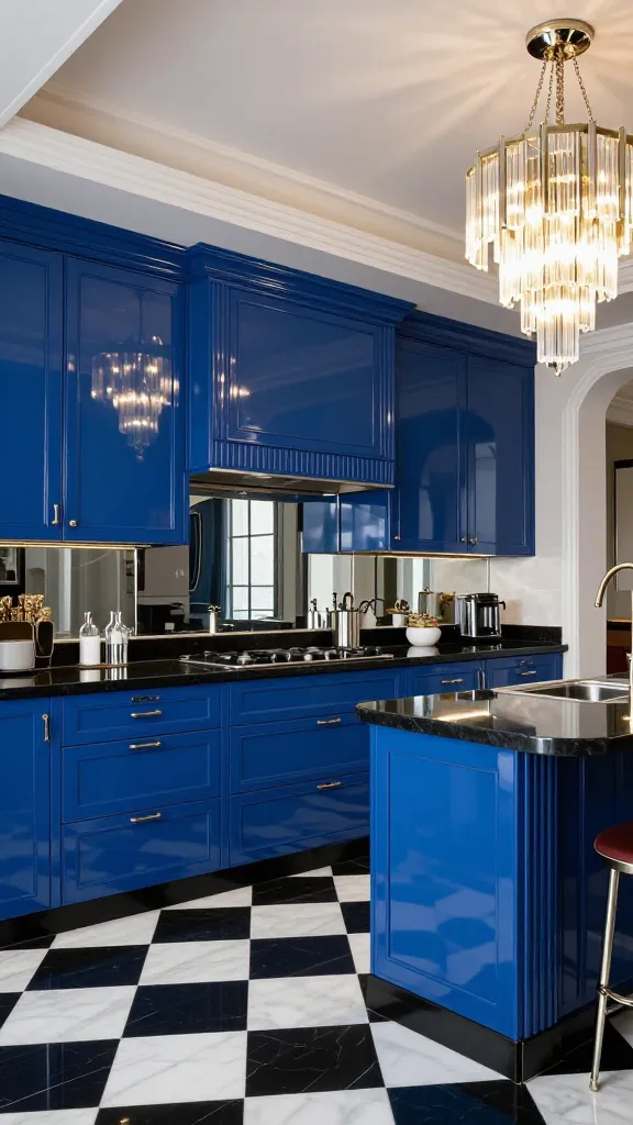 A realistic, high-quality wide shot photograph of a glamorous Art Deco kitchen, bathed in sophisticated lighting. The focal point is a striking arrangement of high-gloss sapphire blue kitchen cabinets, exuding a rich, jewel-like opulence. These sleek cabinets are adorned with polished chrome hardware. Dark, dramatic black quartz countertops provide a luxurious contrast. The floor is meticulously laid with classic black and white checkered tiles, emphasizing geometric elegance. A mirrored backsplash reflects light and adds depth, while subtle fluted details are incorporated into the kitchen island and surrounding architectural elements. A magnificent, multi-tiered Art Deco chandelier hangs prominently, illuminating the space with a refined glow. The scene captures an atmosphere of sophisticated drama and refined luxury, showcasing a truly showstopping design.