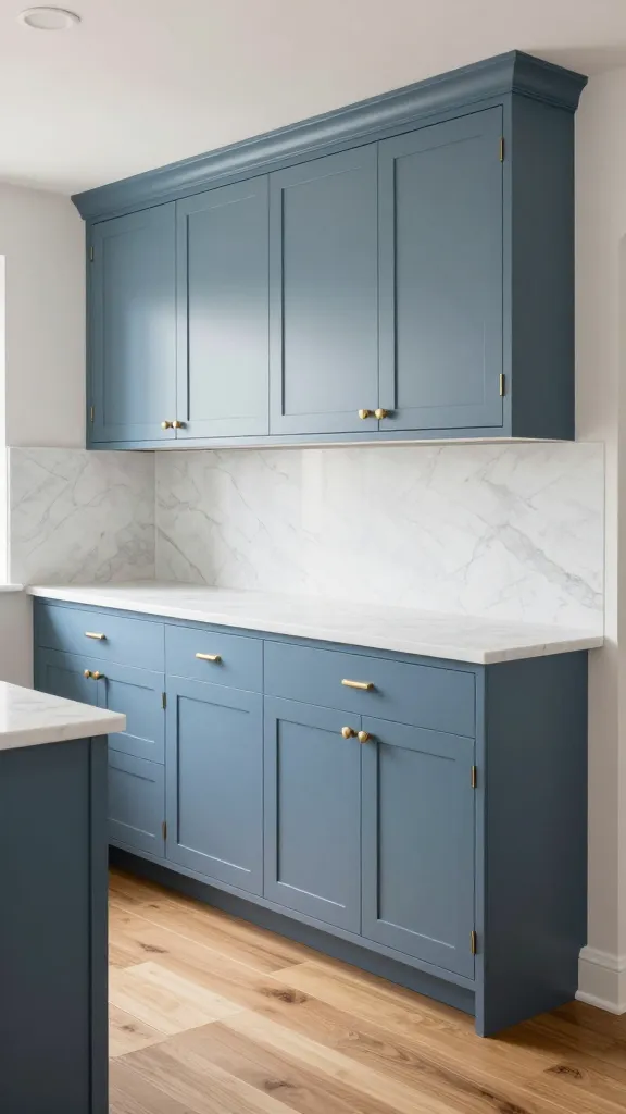 A bright, high-resolution, photorealistic eye-level shot of a sophisticated transitional kitchen. The central focus is on the simple shaker style cabinets, painted in a muted slate blue, extending along a wall. Elegant brushed nickel hardware gleams on the cabinet doors and drawers. Pristine white marble countertops with subtle gray veining rest atop the cabinets. The flooring is composed of warm oak planks, complementing the cool tones of the cabinets. The space feels timeless and effortlessly stylish, bathed in natural light.