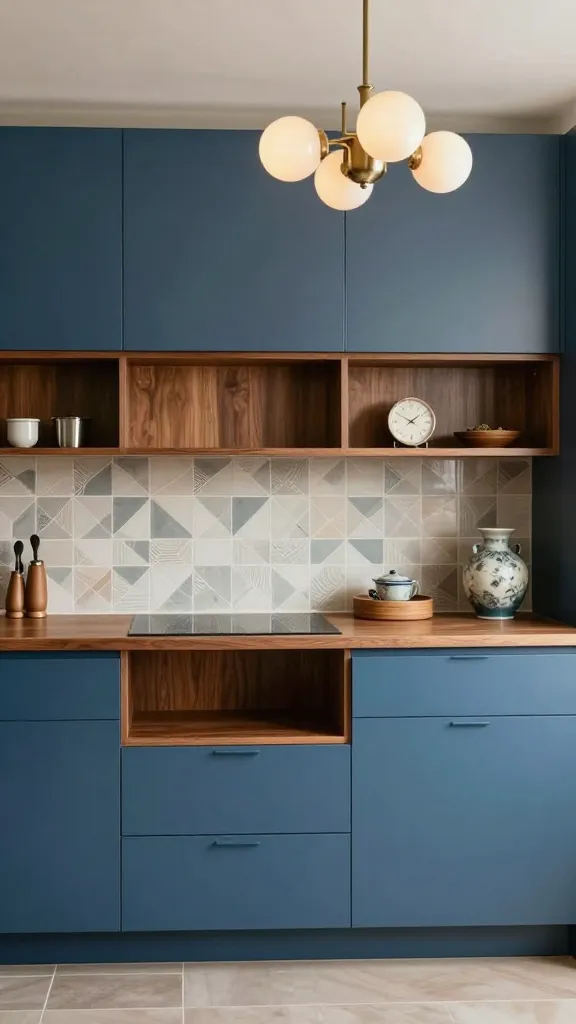 A realistic, high-quality photograph of a sophisticated Mid-Century Modern kitchen. The focal point is a bank of sleek, flat-panel Prussian blue kitchen cabinets, featuring minimal, subtle hardware. A warm walnut wood countertop section and matching open shelving are integrated seamlessly. The backsplash showcases a geometric pattern in muted, harmonious tones, adding a subtle visual interest. A striking Sputnik chandelier is prominently featured, casting a warm glow. Carefully curated vintage decorative pieces, such as a ceramic vase or a retro clock, are strategically placed, enhancing the undeniable 1950s/60s cool aesthetic. The scene is bathed in soft, natural light, emphasizing clean lines and rich textures.