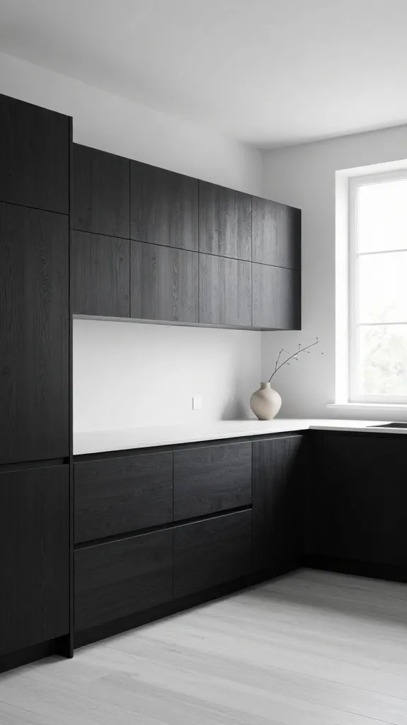 A realistic, high-quality photograph of a sleek Scandinavian Noir kitchen. The main subject is deep, charcoal-stained oak kitchen cabinets with a matte finish, featuring integrated, barely-there hardware that creates a seamless, minimalist look. Crisp white quartz countertops provide a striking contrast against the dark wood, extending along the clean lines of the design. The walls are painted a pure, crisp white, enhancing the sense of light and airiness despite the moody palette. Subtle light gray wide-plank flooring grounds the space. Natural light floods in from a large, uncluttered window, highlighting the natural textures of the wood grain and the clean, architectural lines. A simple, light-colored ceramic vase with a single branch sits on the counter, adding a touch of natural texture and a subtle light wood accent. The overall atmosphere is dark and mysterious, yet incredibly refined, spacious, and inviting.