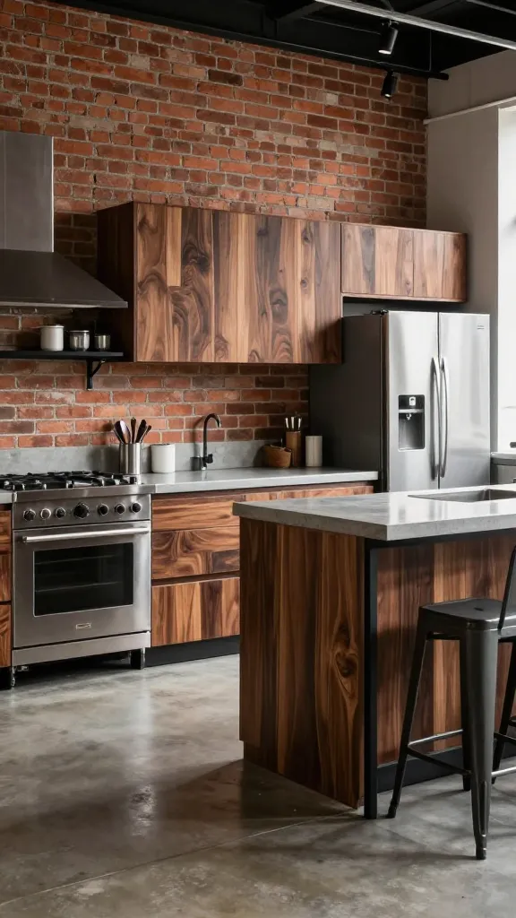 A realistic, high-quality photograph of an industrial loft kitchen, prominently featuring rugged dark walnut slab-front kitchen cabinets with visible wood grain as the central focus. The kitchen walls are exposed red brick, and the floors are polished concrete. Integrated into the design are sleek stainless steel appliances, including a professional range and a large refrigerator. Concrete countertops span the workspace, complemented by black metal open shelving displaying minimalist, industrial-style kitchenware. A striking black metal bar, possibly integrated into an island, is present, with a couple of matching industrial bar stools. The scene is well-lit with natural light, showcasing the raw textures and conveying an authentic, lived-in urban grit aesthetic. No text.