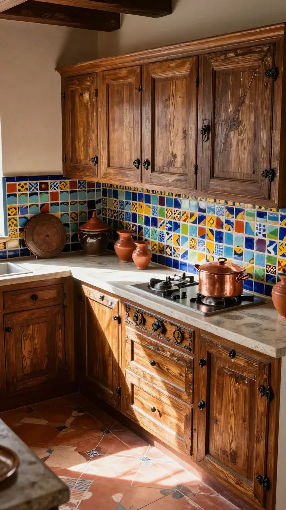 A high-angle, realistic, high-quality photograph of a warm and inviting Mediterranean rustic kitchen, bathed in bright, natural sunlight. The main focus is heavily distressed, dark oak kitchen cabinets, featuring intricate wrought iron hardware, which provide a rich foundation. A vibrant, colorful zellige tile backsplash extends above natural stone countertops. The floor is laid with patterned terracotta tiles, while artisanal pottery and gleaming copper cookware are tastefully displayed, adding to the kitchen's old-world, storied charm. The scene evokes a sun-drenched villa with earthy tones and vibrant textures.