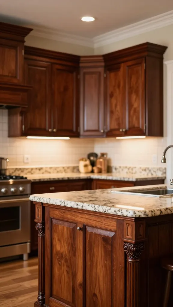 A high-quality, realistic photograph of a classic traditional elegant kitchen. The main subject is exquisitely crafted dark cherry wood kitchen cabinets, featuring raised panel doors and intricate crown molding, anchoring the space with a grand yet welcoming presence. Polished granite countertops in a classic, subtle pattern complement the rich wood. A substantial kitchen island, centrally placed, boasts decorative carved legs and a matching granite surface. The lighting is warm and inviting, casting a luxurious glow that highlights the deep tones of the wood and the sophisticated architectural details, creating an atmosphere of enduring beauty and understated opulence. Shot with a wide aperture to capture depth and detail. No text.