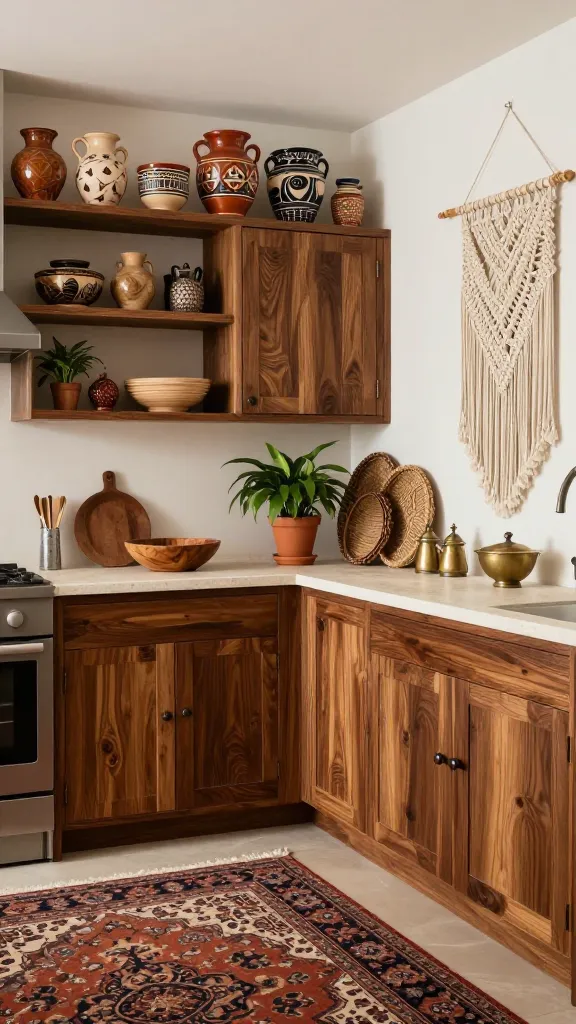 A high-quality, realistic photo of a vibrant, boho-eclectic kitchen. Rich, dark stained oak kitchen cabinets are the grounding element, prominently featured along a main wall. Above some cabinets, a section of open shelving displays an artful arrangement of mismatched, artisan pottery in earthy tones and global patterns. On an adjacent wall, a large, intricate macrame wall hanging is paired with a cluster of woven baskets. A vintage Persian rug with faded, rich colors and intricate patterns covers the floor in the foreground. Light, textured stone countertops provide contrast. Potted green plants and unique collected treasures (e.g., hand-carved wooden bowls, vintage brass objects) are thoughtfully placed on shelves and countertops. Soft, warm natural light streams into the space, highlighting the diverse textures and patterns. No text on image.