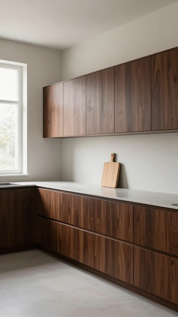 High-quality, realistic photograph of a minimalist Zen kitchen, bathed in soft natural light streaming from a large window. The prominent feature is a continuous run of sleek, dark wenge wood kitchen cabinets with perfectly flush doors and integrated, nearly invisible handles, creating an uninterrupted, smooth facade. Countertops are a soft, muted gray quartz, harmonizing with the deep wenge tones. Walls are painted in a subtle off-white, enhancing the calm atmosphere. A single, light maple wood cutting board rests on the counter, providing a natural wood accent. The space is meticulously clutter-free, exuding a profound sense of tranquility and understated beauty, captured in a wide-angle shot.